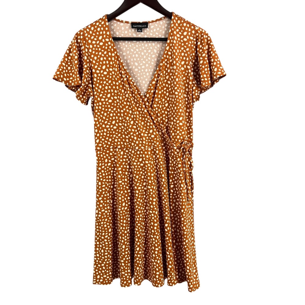 Fortune + Ivy Rust White Polka Dot Faux Wrap Dress Short Sleeve Knit Large